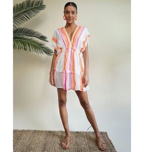 Lemlem Alem Qelem Plunge Dress Cover-Up White Pink Orange Yellow Stripe Size M